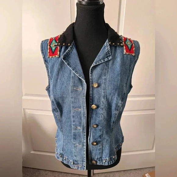 Hairston Roberson Ropa | Vintage Denim Studded Embroidered  Vest | Size S - Picture 2 of 10